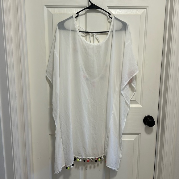 White Shear Rainbow Pom Pom Bathing Suit Coverup Size Large - Picture 1 of 4